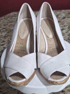 Adrienne Vittadini Off-White Canvas Peep-Toe Espadrille Wedges